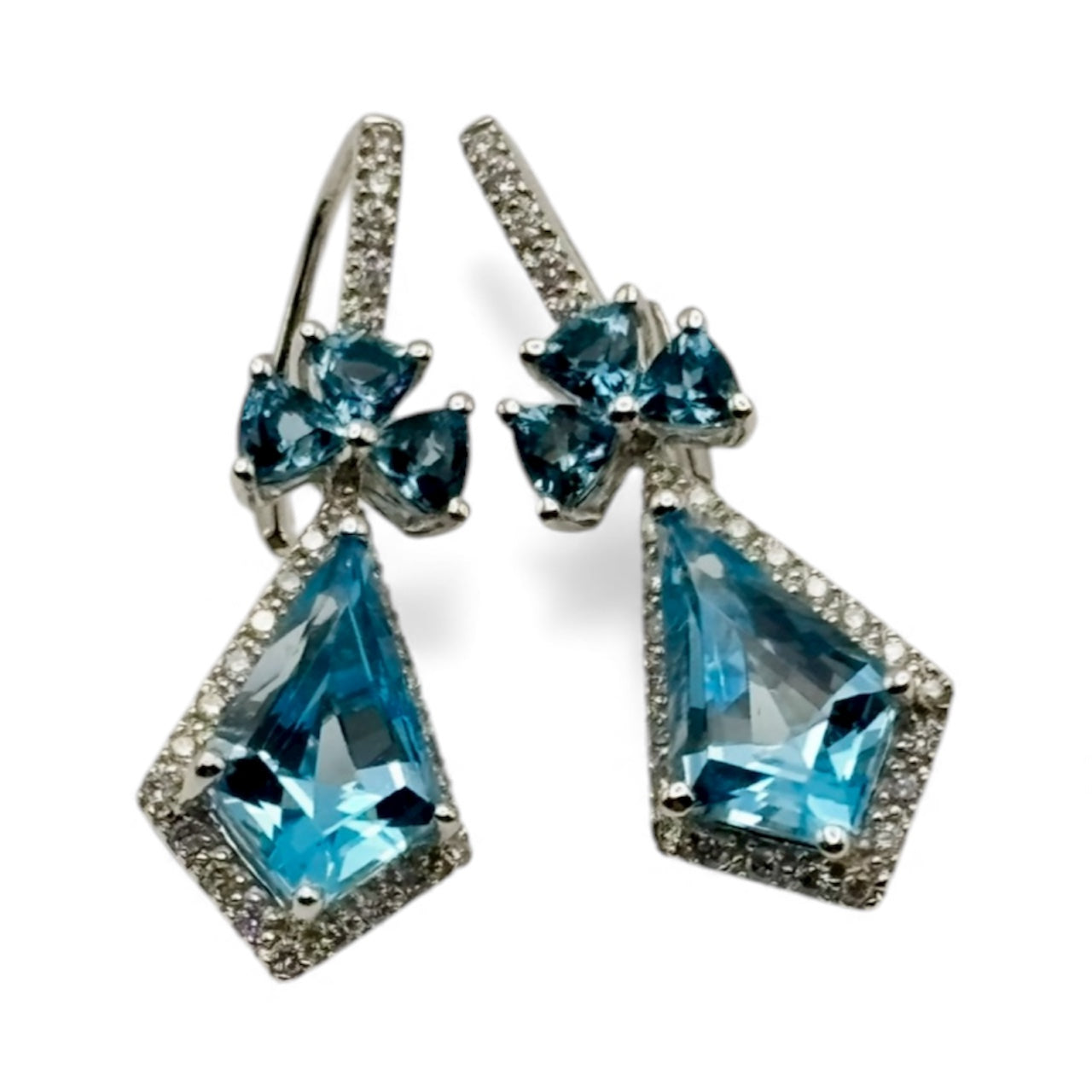 Blue Topaz Drop Earrings – Trapezoid Cut Halo Design