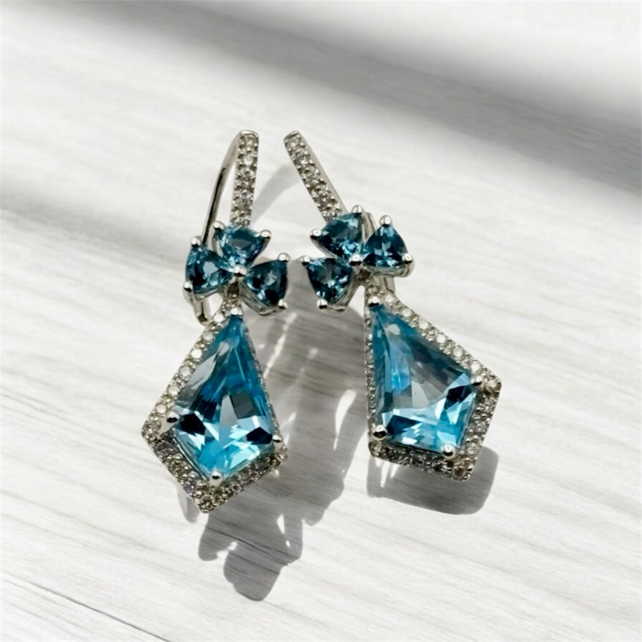 Blue Topaz Drop Earrings – Trapezoid Cut Halo Design