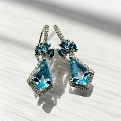 Blue Topaz Drop Earrings – Trapezoid Cut Halo Design