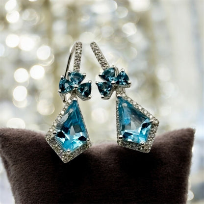 Blue Topaz Drop Earrings – Trapezoid Cut Halo Design