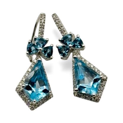 Blue Topaz Drop Earrings – Trapezoid Cut Halo Design